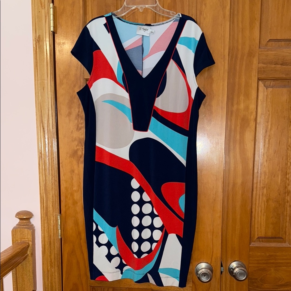 J Taylor Retro Groovy Colorful Geometric Print Dress, Blue Orange Teal White